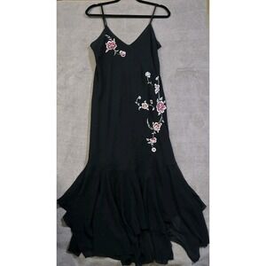 Y2K Fairy Grunge Dress Black Floral Vtg Whimsigoth Flare Sheer Maxi Embroidered